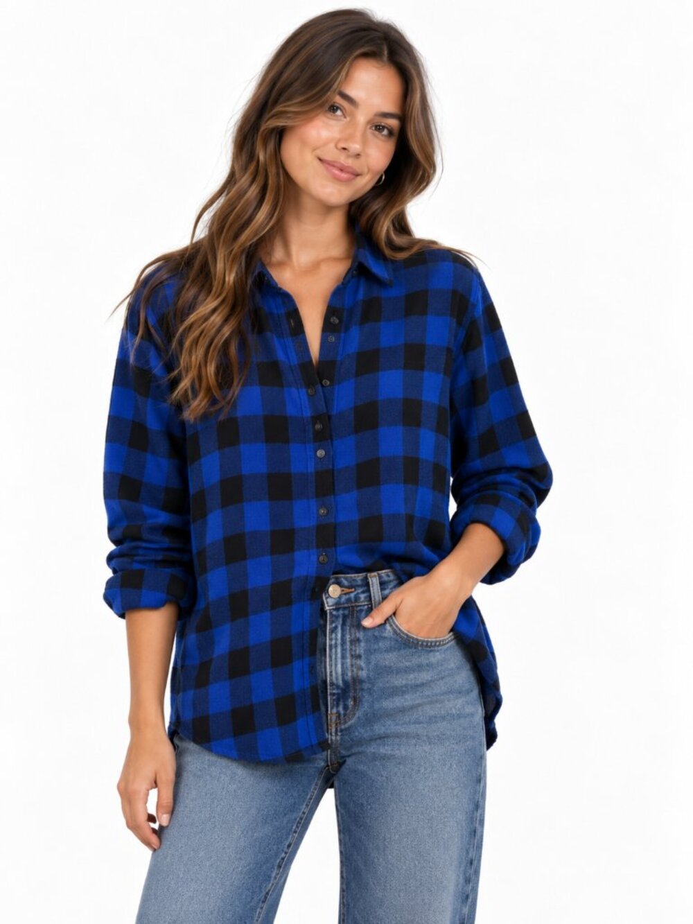 Banana Republic Boyfriend Fit Buffalo Plaid Flannel Shirt Blue Black Size S